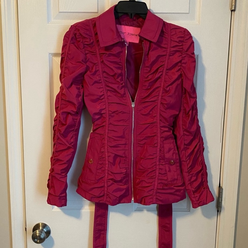 Women's Betsey Johnson Pink Ruched Belted Full Zip Jacket Size XS.
